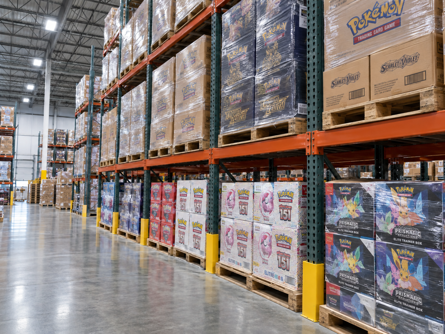 Pokémon trading card inventory stored on pallet racks in a wholesale warehouse