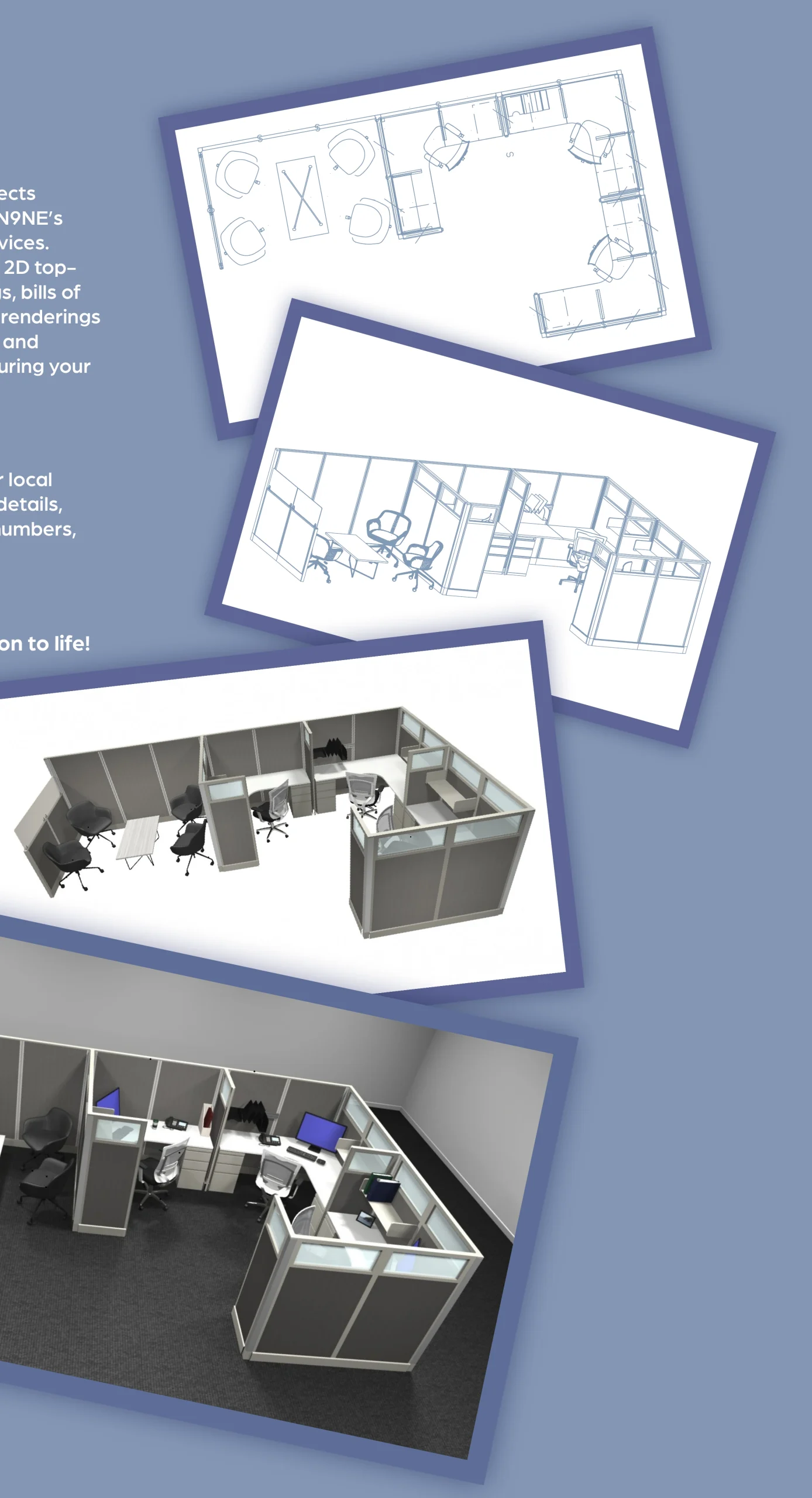 Office furniture space planning drawings and 3D rendering examples